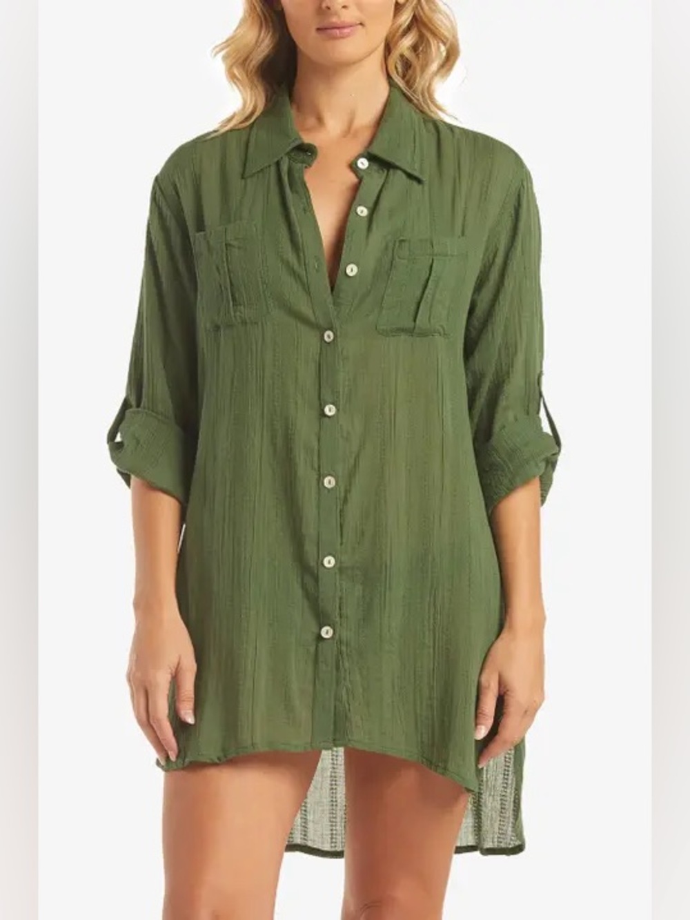 Helen Jon Guazy Oversized Dress Shirt Cover-Up Sz M Olive Green